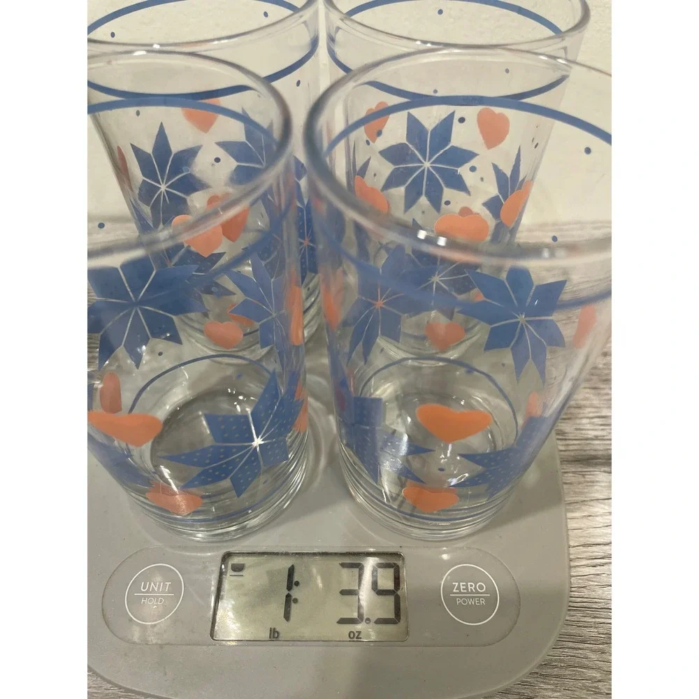 Vintage Libbey Juice Glasses Set of 4 Blue quilted Star Peach Heart Folk Art 4
